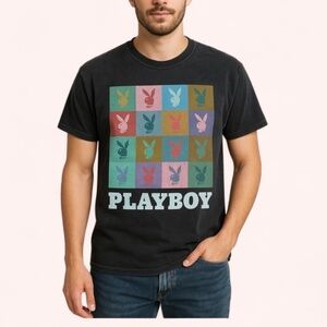 Playboy Pop Art Bunny Tee Black Distressed Unisex 100% Cotton T-Shirt L NWOT
